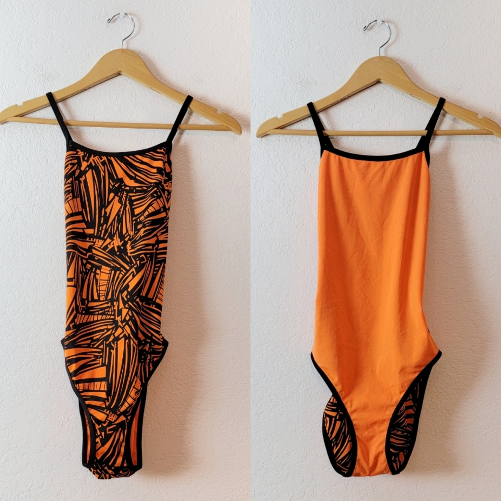 Vintage Dolphin Y2K Neon Orange Black Criss Cross Back One Piece Swimsuit